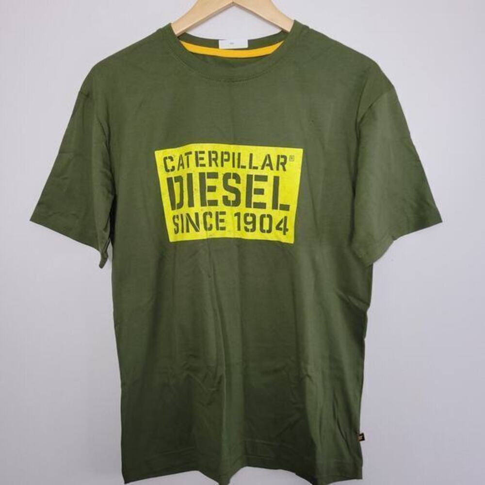 Workwear T Shirt Medium CAT‎ Diesel Green Short Sleeve Logo spellout